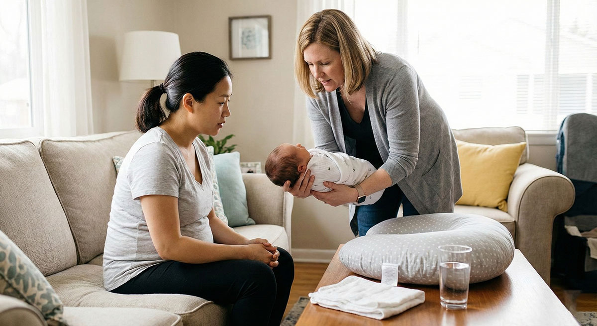 침대에 앉아 산후조리 도우미로부터 아기 안는 법을 배우고 있는 20대 동양인 산모.