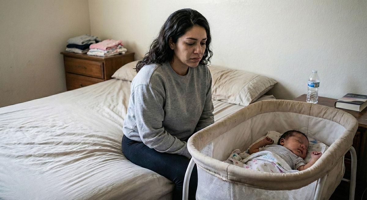 아기 침대 옆에 앉아 산후 회복 중 피로와 어려움을 느끼고 있는 20대 멕시코인 여성.