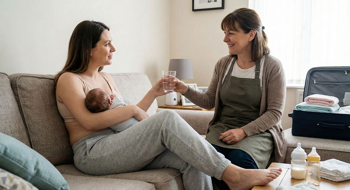 산후조리 도우미로 부터 도움을 받고 있는 산모의 모습.