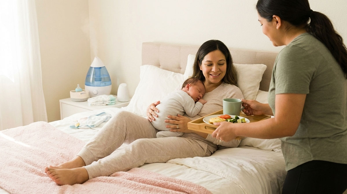 New mother holding her baby being served a meal in bed