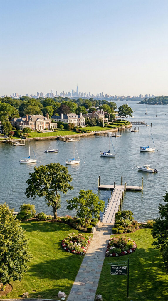 A panoramic, elevated view from Kings Point Park in Long Island, looking across the bay. The photograph captures the scenic waterfront with multiple large, luxurious estates, a T-shaped wooden dock extending into the water, and several small sailboats and motorboats moored. In the far background, across the water, the sprawling Manhattan skyline, including the distinctive One World Trade Center, is visible under a clear, hazy sky.