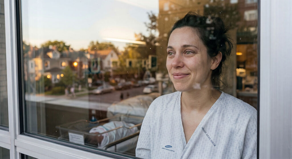 A heartwarming, medium close-up photograph from inside a hospital room, capturing a new mother in a hospital gown. She is standing by a large glass window, looking out with a warm, gentle smile. The window has slight reflections of the room and features a blurry, warm-toned view of a neighborhood street. Beside her, partially visible, is the edge of a hospital bassinet with a newborn baby.