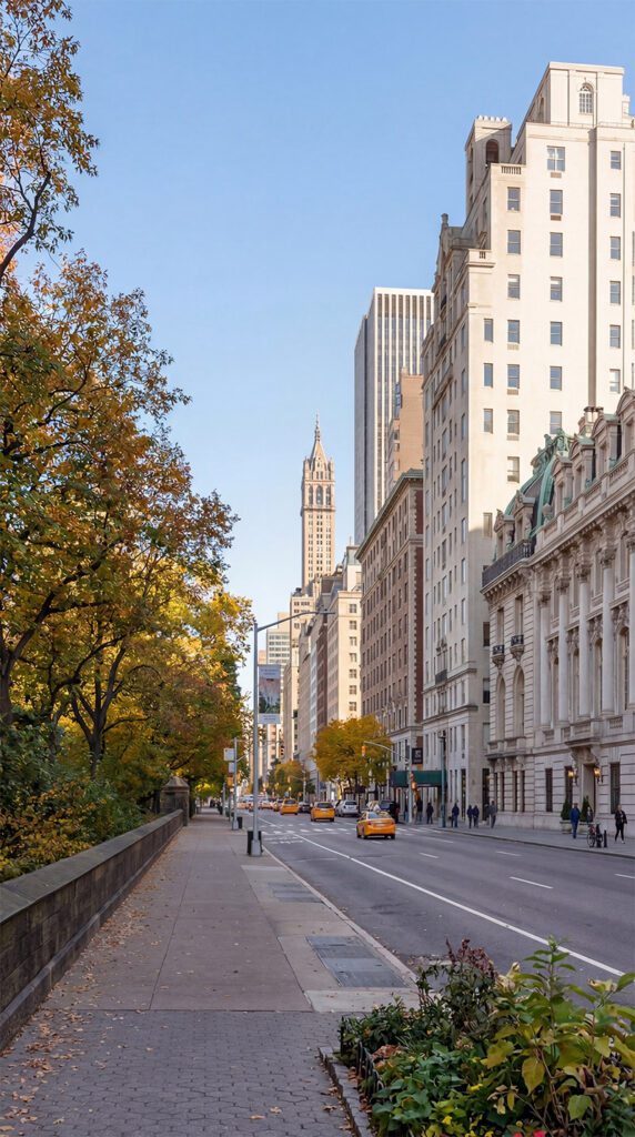 A detailed, wide-angle street photography shot from the sidewalk of 5th Avenue, New York City, during autumn, showcasing the beautiful fall foliage of the trees. The historic tall buildings with classical architectural details line the avenue, and in the distance, the prominent spire of the Sherry-Netherland building stands against the clear, light-blue sky.