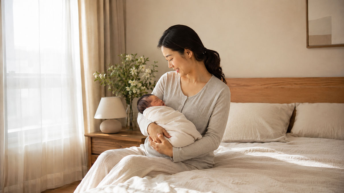 A new Asian mother, dressed in light grey loungewear, sitting on a bed in a cozy bedroom and smiling tenderly while holding her swaddled newborn baby. Natural sunlight streams through a window behind her, and a bedside table with a lamp and a vase of flowers is visible.