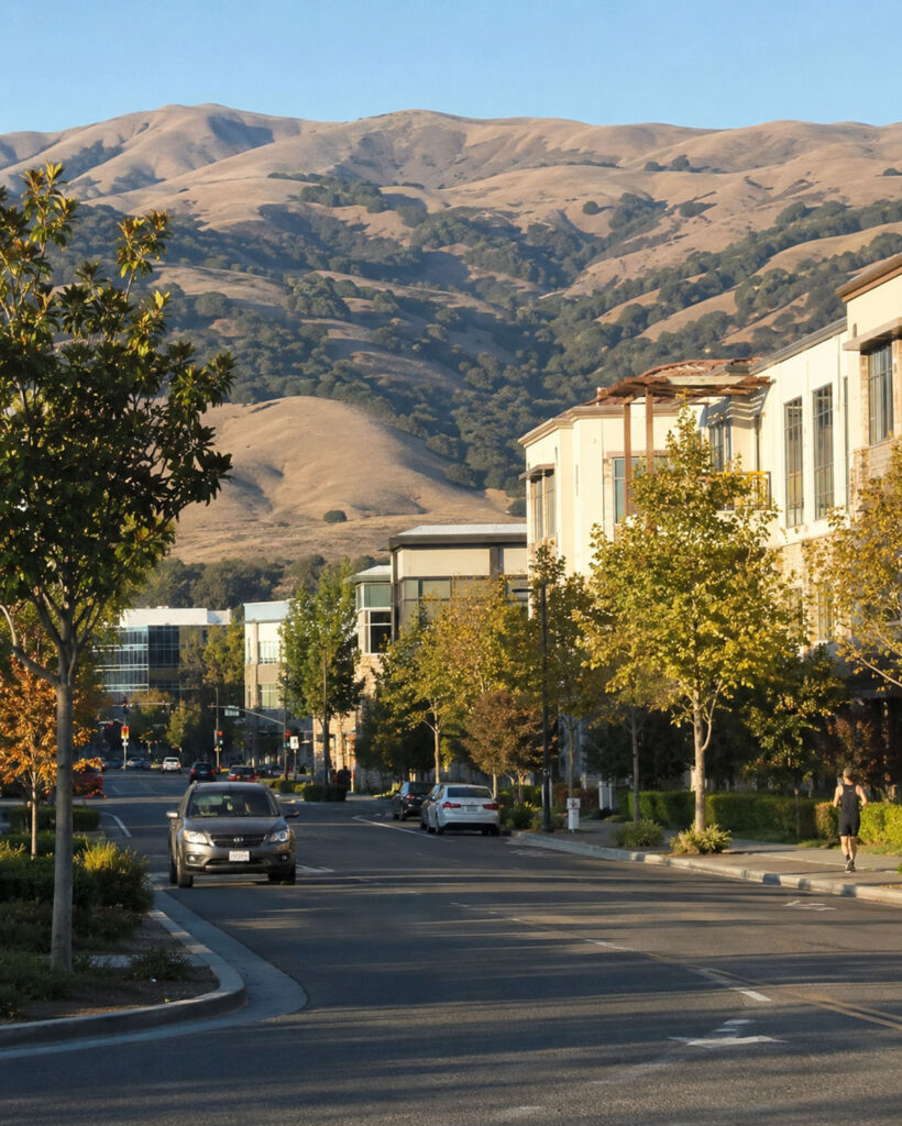 Silicon Valley neighborhood street with modern buildings, tree-lined sidewalks, and rolling golden hills in the background.