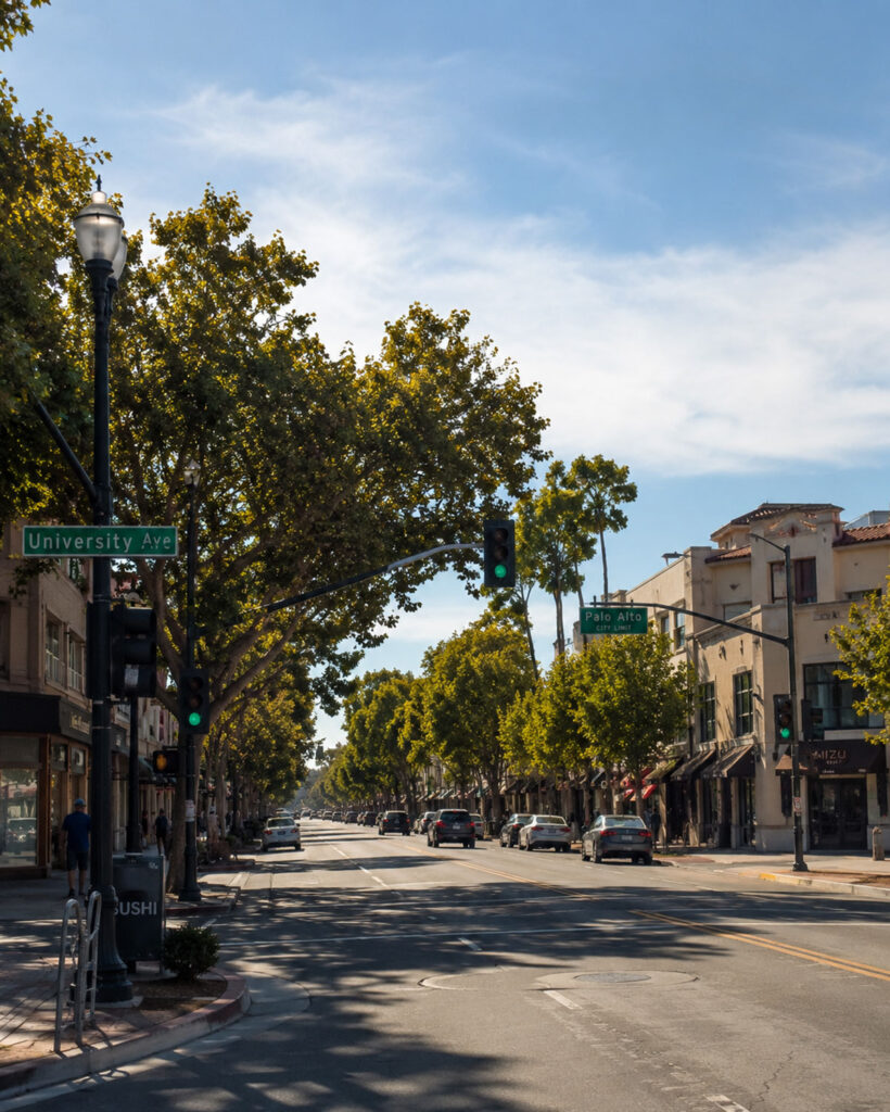 Sunny downtown Palo Alto street with local shops, mature trees, and light traffic along University Avenue.