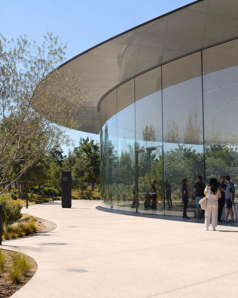 Contemporary glass architecture at Apple Park Visitor Center surrounded by landscaped gardens and visitors.