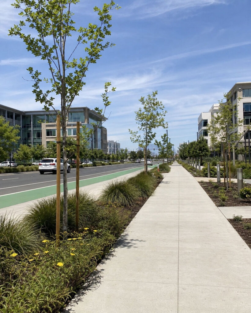 Wide pedestrian-friendly boulevard in Silicon Valley with modern office buildings, bike lanes, and landscaped walkways.