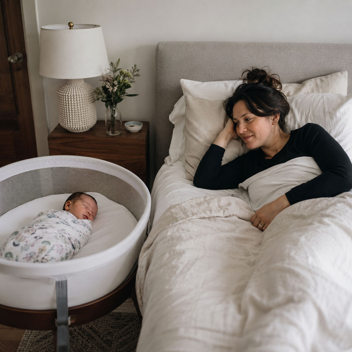 Mother relaxing in bed while watching her newborn sleep peacefully in a bedside bassinet.