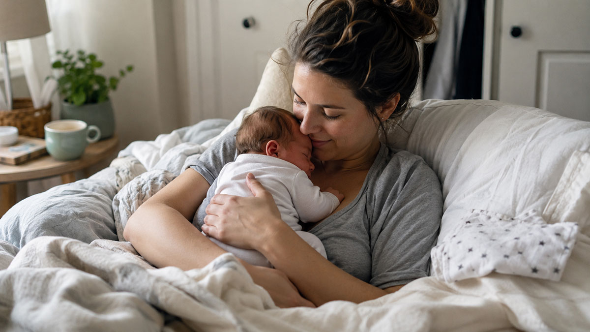 A new mother resting comfortably at home while holding her newborn baby during postpartum recovery