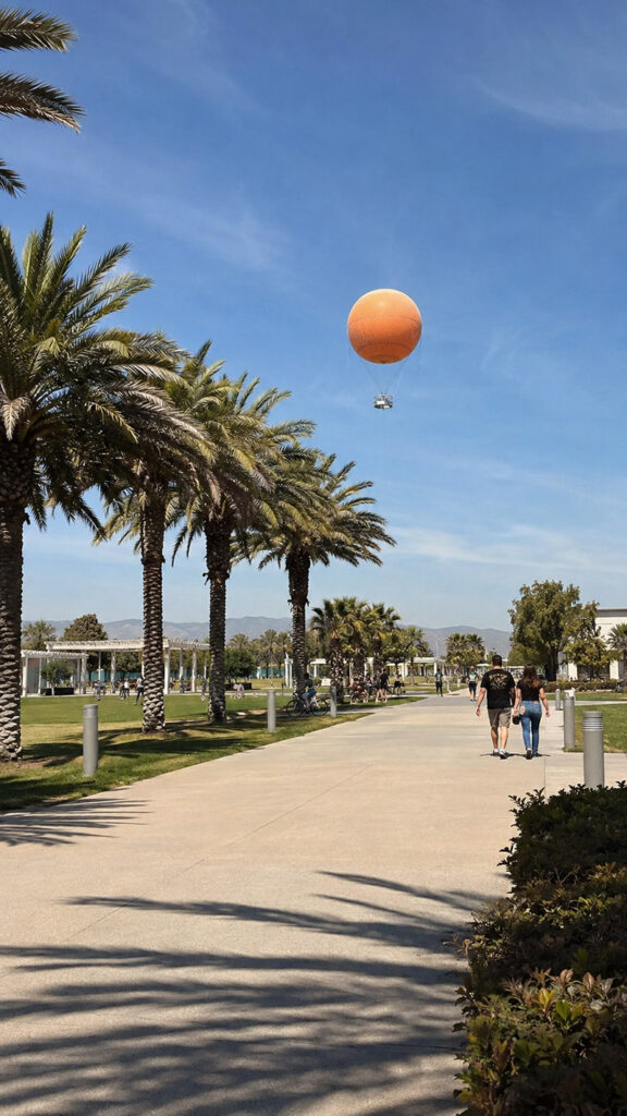 Great Park Balloon and palm-lined walkway in Irvine, California