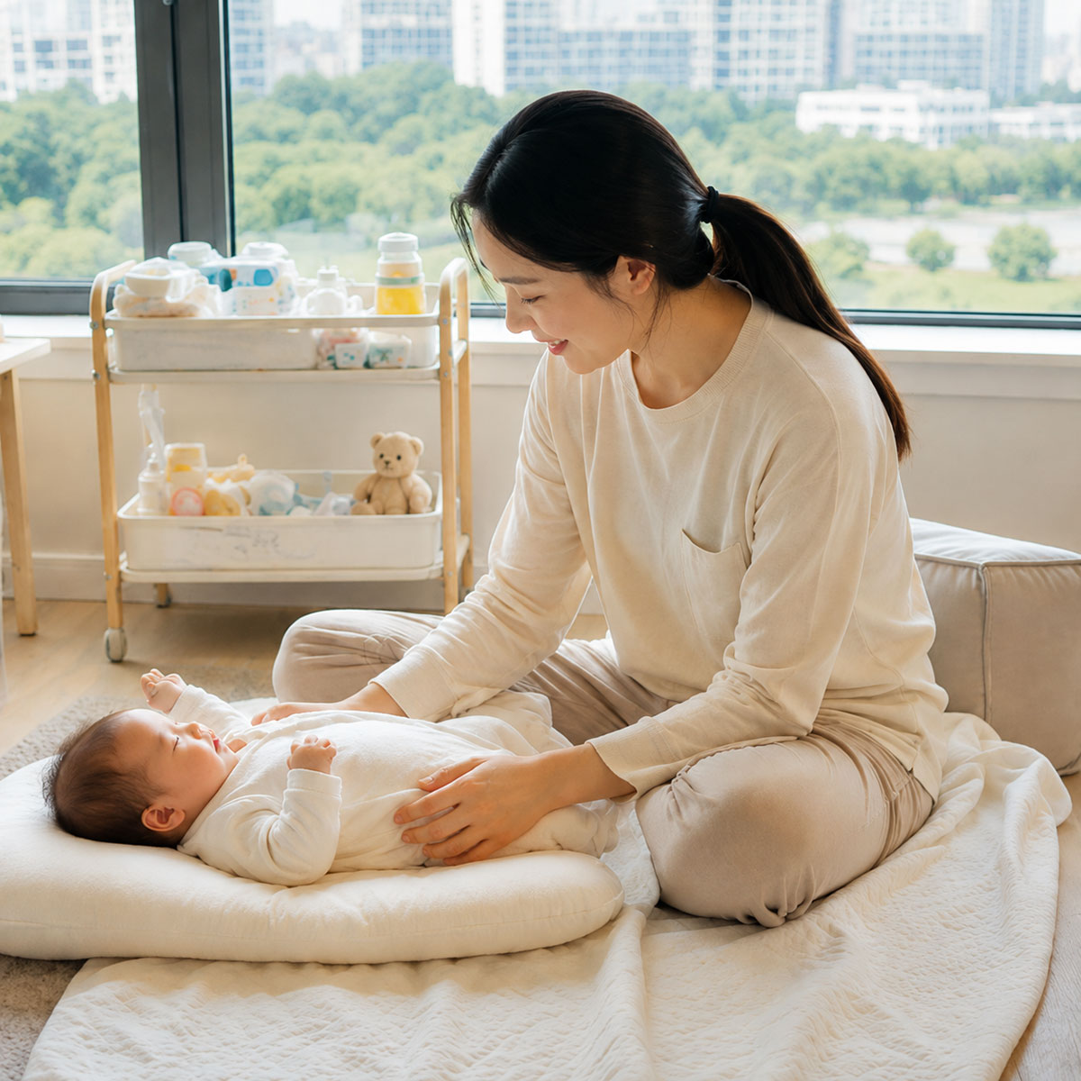 Korean postpartum mother caring for her newborn baby at home in Irvine, California